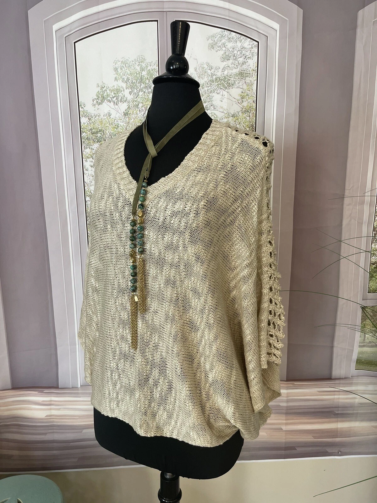 Kyemi Poncho Style Sweater With Crochet. Size Large , NWT
