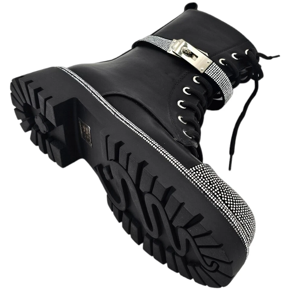 Anfibi scarpa donna nero con strass argento in punta e cinturino fondo alto in g - Immagine 3 di 4