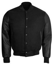 Men's Varsity Bomber Letterman Baseball BLACK Wool & Pure Leather Sleeves Jacket
