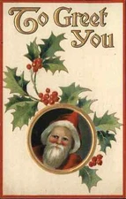 Christmas Santa Claus Holly Font Typography Gilt Embossed c1900s-20s Postcard