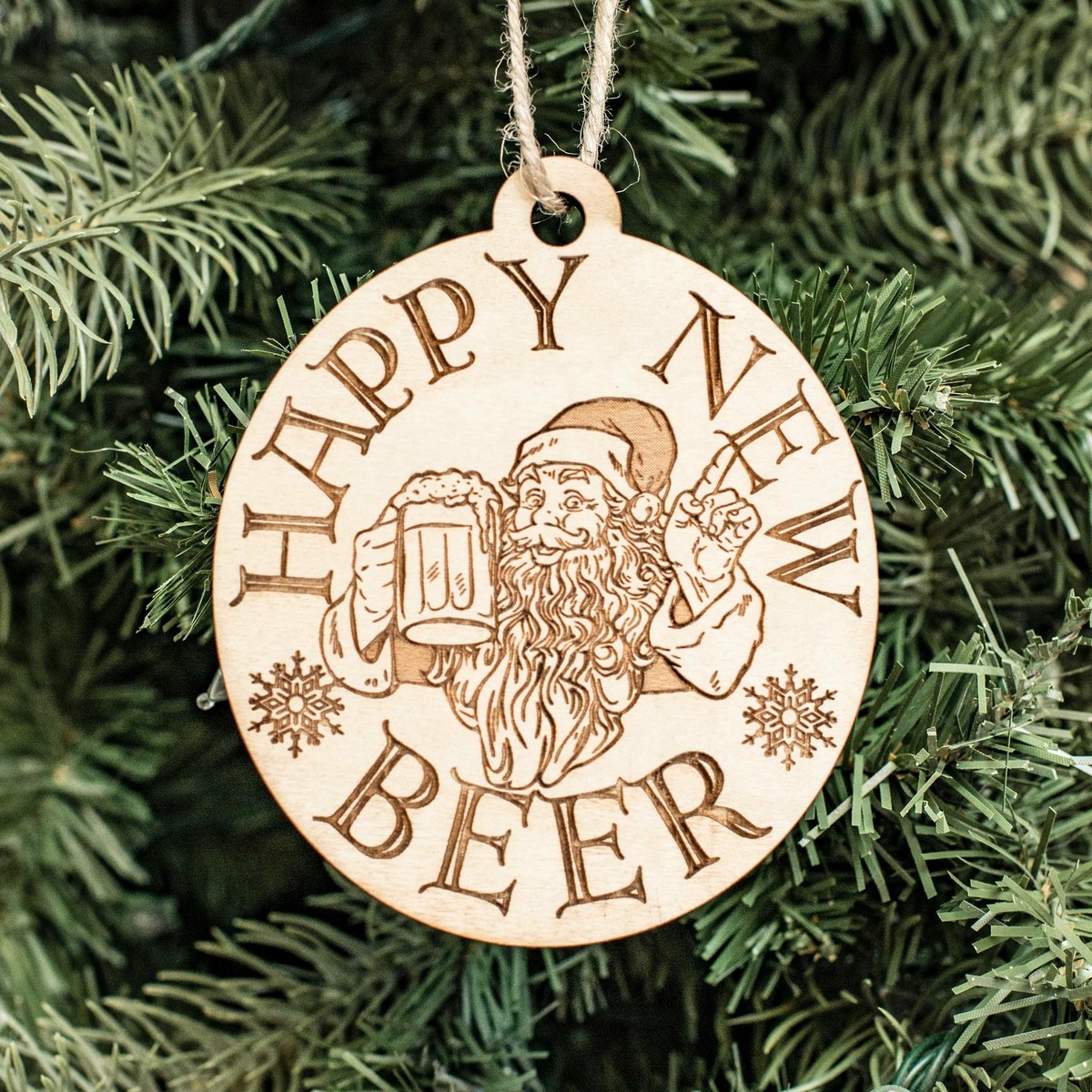 Ornament - Happy New Beer- Raw Wood 3x4in Ornament - Happy New Beer- Raw Wood 3x4in