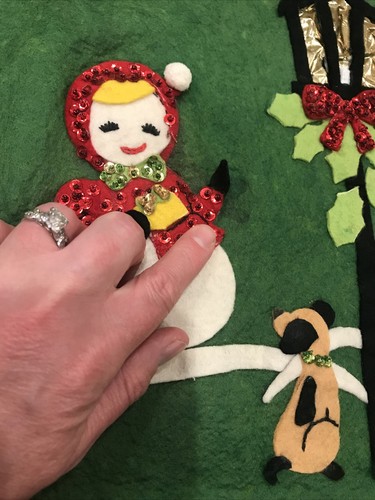 Mantel de Navidad vintage hecho a mano muñeco de nieve mediados de siglo decoración navideña único en su clase MCM - Imagen 11 de 12