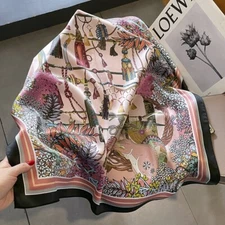 100% Silk Square Scarf Women Vintage Pink Black Kerchief Headscarf Wrap 68*68cm