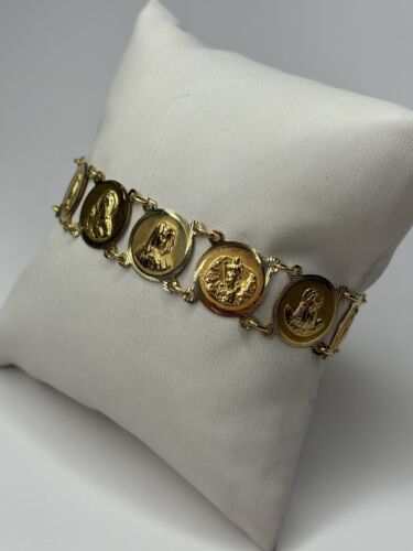 14K Yellow Gold Ladies Christian Virtues Symbols Round Medals Bracelet 7"in Long