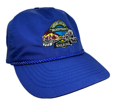 Vintage Great Smoky Mountains Eisenbahnmütze Kappe Riemen hinten blau Seil Otto Züge