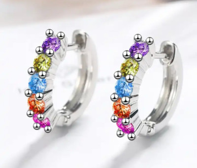 925 Sterling Silber Damen Mehrfarbig Edelstein Huggie Creolen