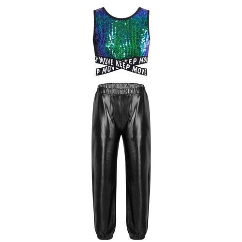 Kids Girls Tracksuit Sequins Hip Hop Criss-cross Crop Top With Pants Round Neck - Picture 19 of 68
