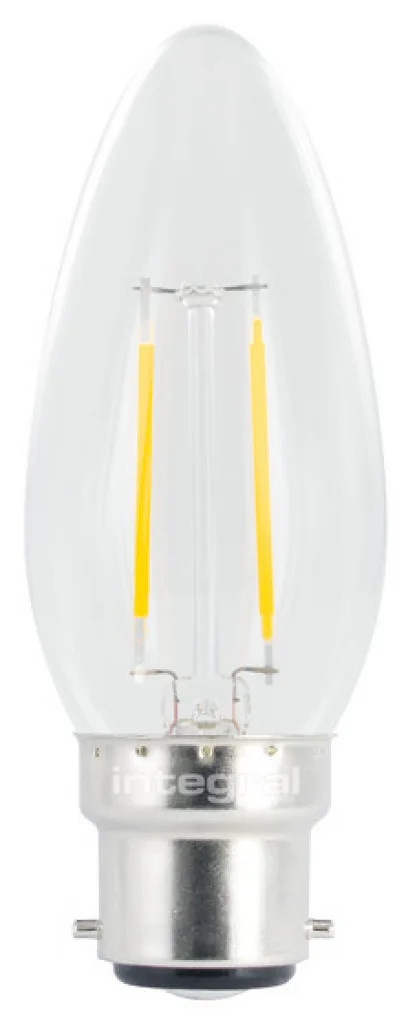Clear 2w Filament LED Candle Non Dimmable 2700K B22 250lm =25w Integral