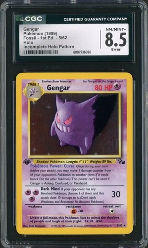 1999 Pokemon Fossil 1st Edition Gengar Incomplete Holo Pattern Error #5 CGC 8.5