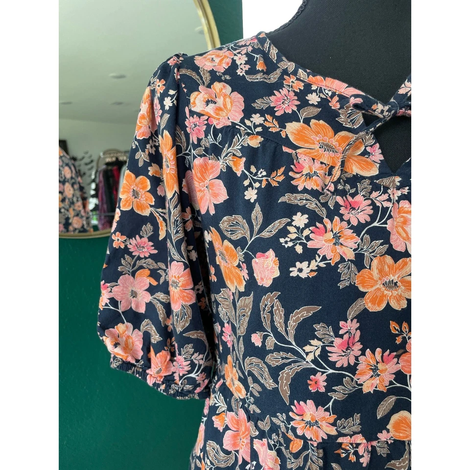 Antiguo Vestido Azul Marino Floral Manga Abullonada Niñas XL 14-16 Azul Marino Rosa Naranja Cottagecore Foto 2 de 4