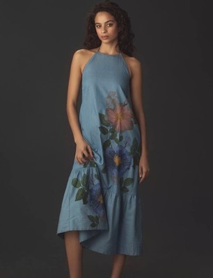 Anthropologie Pilcro Denim Floral Embroidered Midi Dress Sz Small New w/o  Tags | eBay