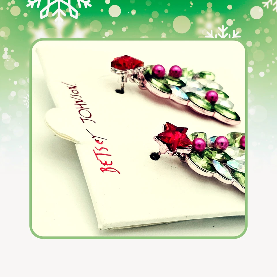 Betsey Johnson Christmas Tree Earrings Multicolor Rhinestone Red Star Topper - Image 4 of 4