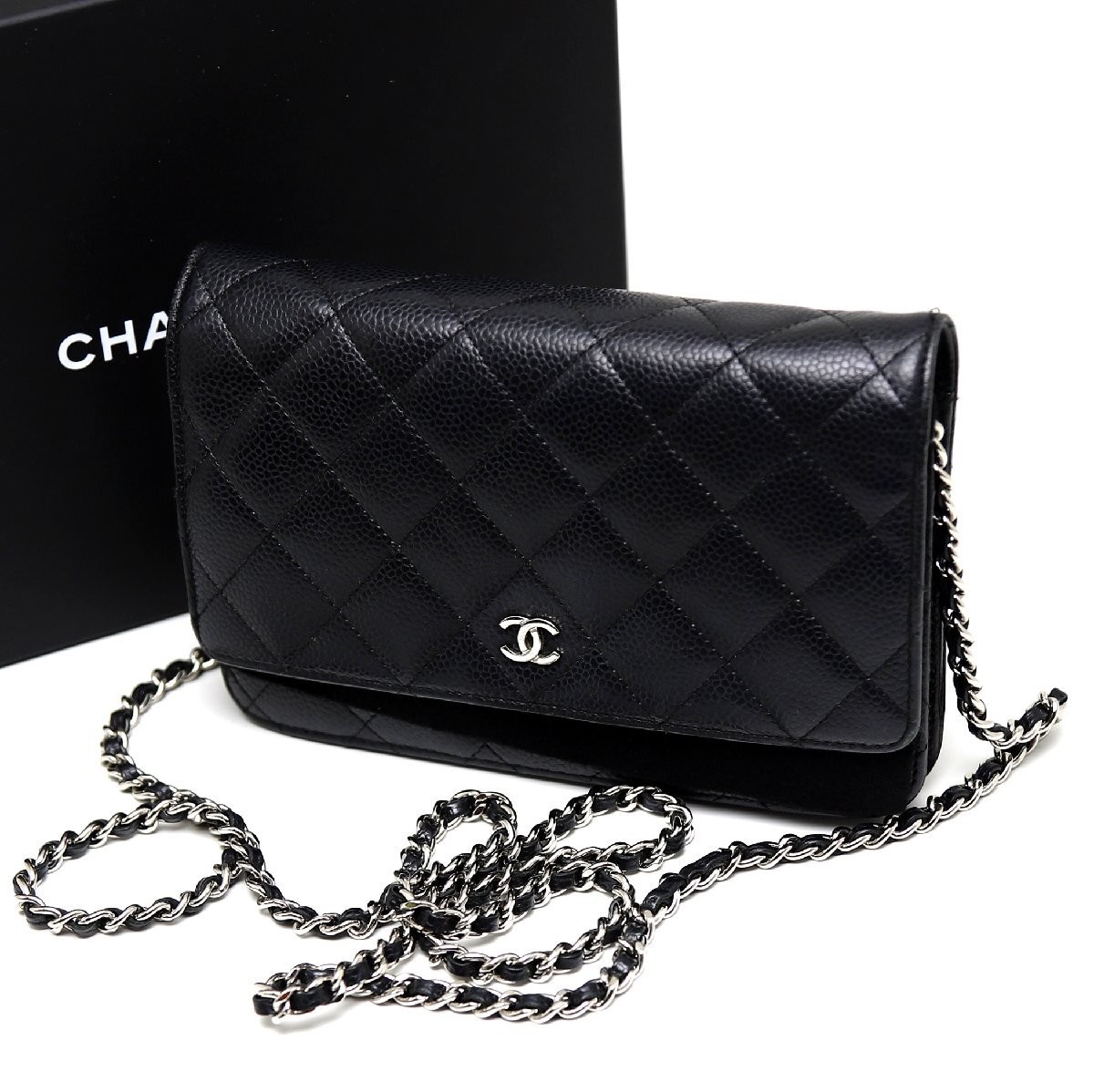 Vintage CHANEL Matelassé Chain Wallet Shoulder Bag in Black Caviar with Silver Hardware