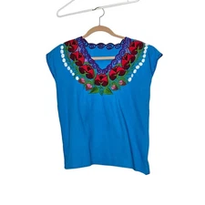 Embroidered Floral Blouse V Neck Sleeveless Top Colorful Mexican Style