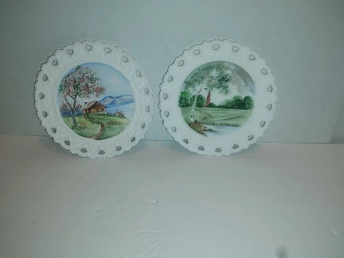 2 Vtg Kemple Milk Glass Reticulated Edge 7" Plates Hand Painted