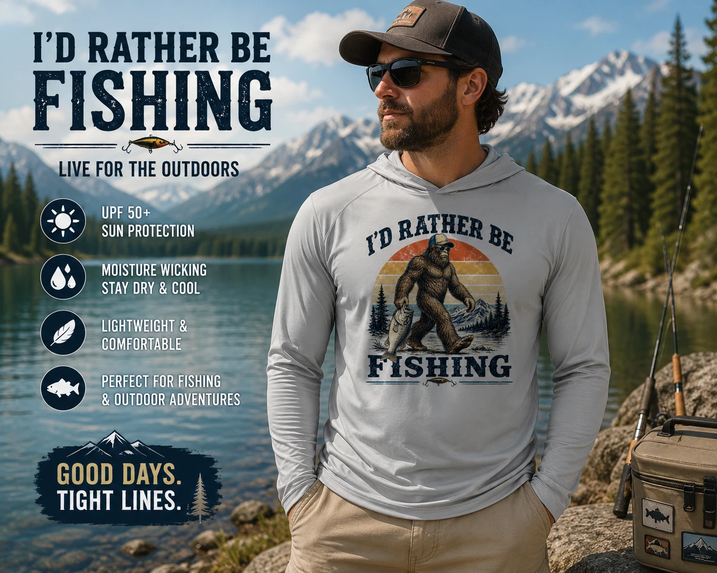 Fishing Bigfoot Sasquatch Retro Sun UV Protected UPF 50 Long Sleeve T-Shirt Hood