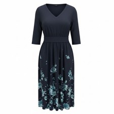 J. Jill Knit Dress Women M Navy Blue Floral Wearever Collection V-Neck Midi