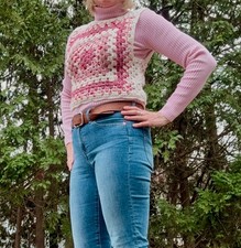 Crochet Cropped Granny Square Vest Top Retro 70's Boho M