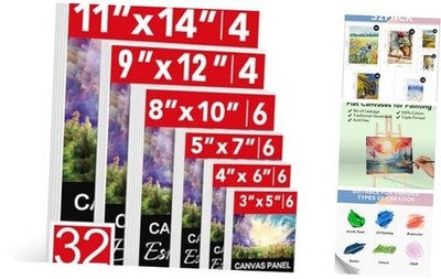 32-Pack Canvas Boards for Painting - 6 Sizes - Canvas Panels for Art