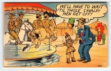 Vintage 1950s Linen Postcard Cavalry Men Carousel Humor Sayings