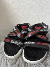 Love Moschino Women  s Strappy Logo Sandals Buckle Adjustable Black EU 37