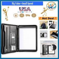 Black Leather Business Portfolio with Zipper for 10.1 Inch Tablet