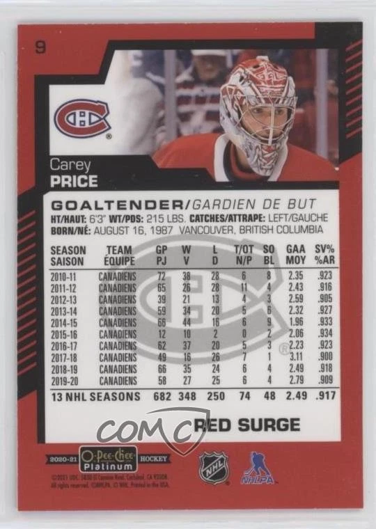 2020-21 O-Pee-Chee Platinum Red Surge Carey Price #9 - Image 2 of 2