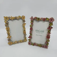 Enamel Floral Mini Picture Frame w/Rhinestone Accents Holds 2”x3” Photo set of 2
