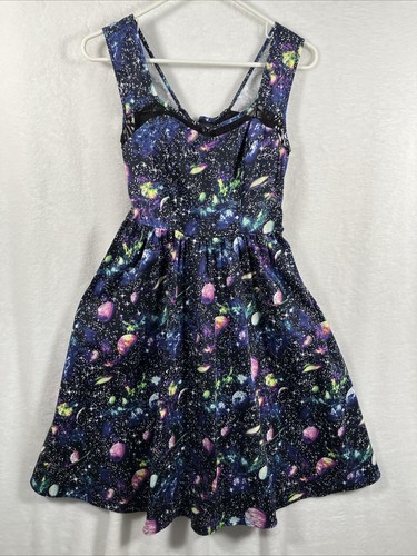 Hot Topic Galaxy Celestial Skater Dress XS Planet Cosmic Goth Pockets Lace-Up