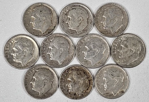 Lot of 10 Silver Roosevelt Dimes - 1964 and Earlier 90% Free Shipping