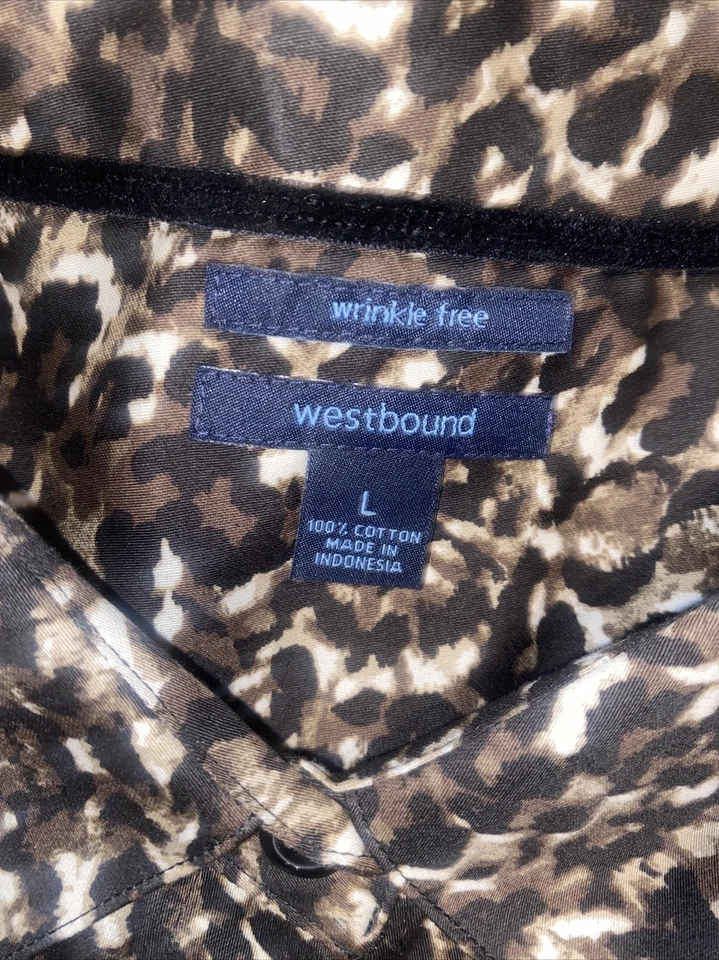 Blusa Camisa Westbound Mujer Estampado Animal Marrón Sin Arrugas Abotonada Talla Grande Foto 3 de 4