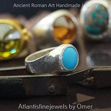 925 k Sterling Silver Turquoise Unisex Ring By Omer Handmade Roman Art Jewelry