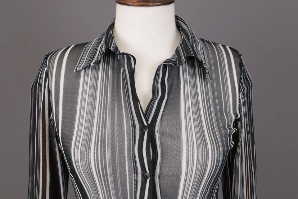 ISSEY MIYAKE серый сетки в полоску длинным рукавом блузка туника верхний размер 4 - Изображение 2 из 4