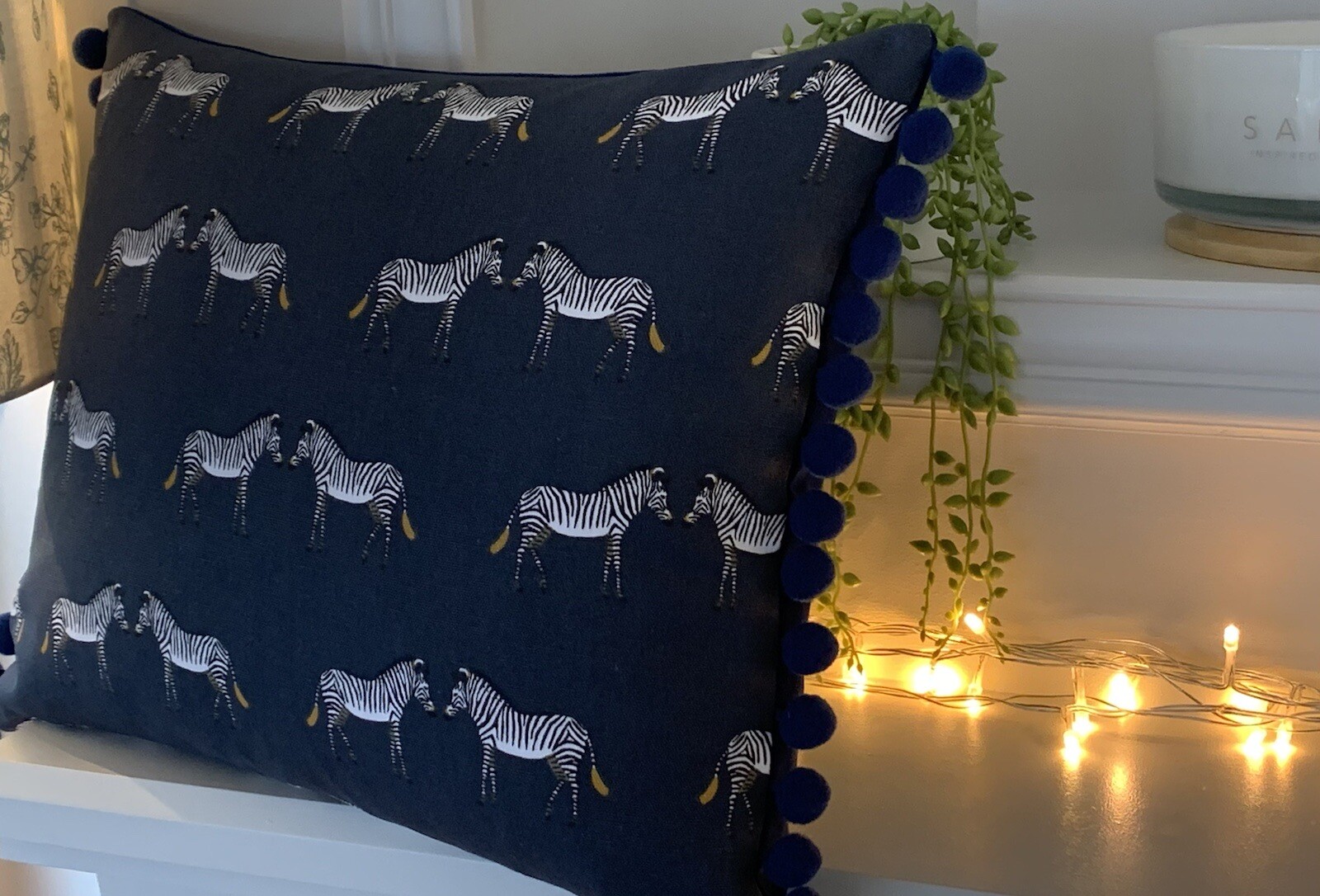 Sophie Allport 'Zebra' Navy Feather Pompom Cushion 35 x 45 cm (large