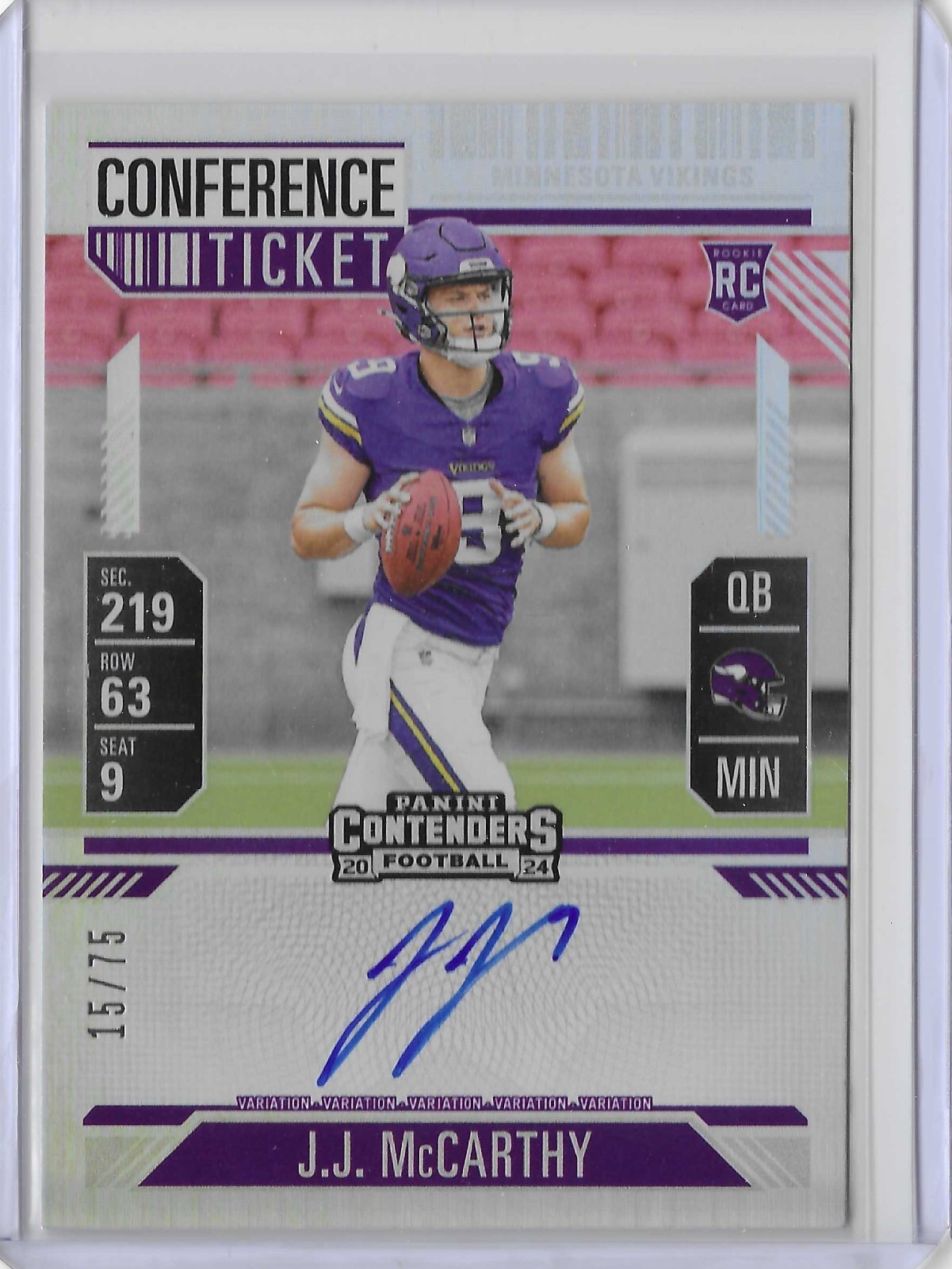 2024 Panini Contenders J.J. McCarthy Conference Ticket Variation Auto RC 15/75