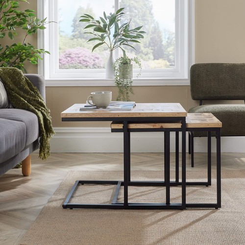 Nest of 2 Tables Solid Mango Wood Tabletop Black Metal Frame Chunky Coffee Table - Picture 5 of 10