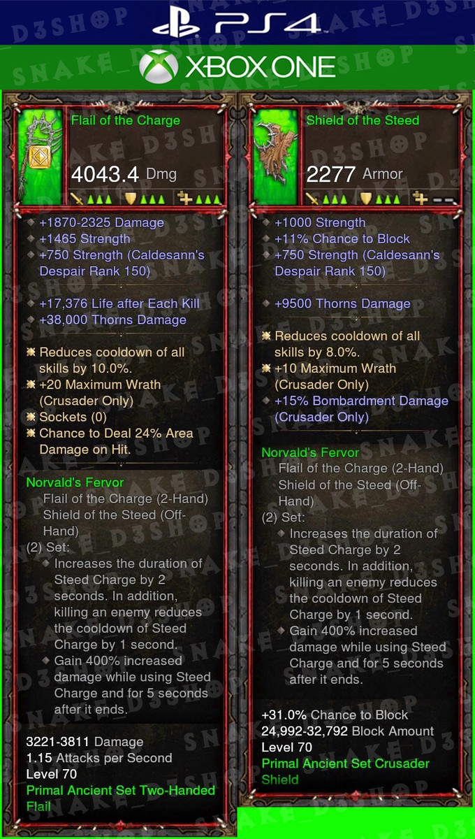Diablo 3 - PS4 - Xbox One - Unmodded Crusader Set - Thorns Bombardment Build