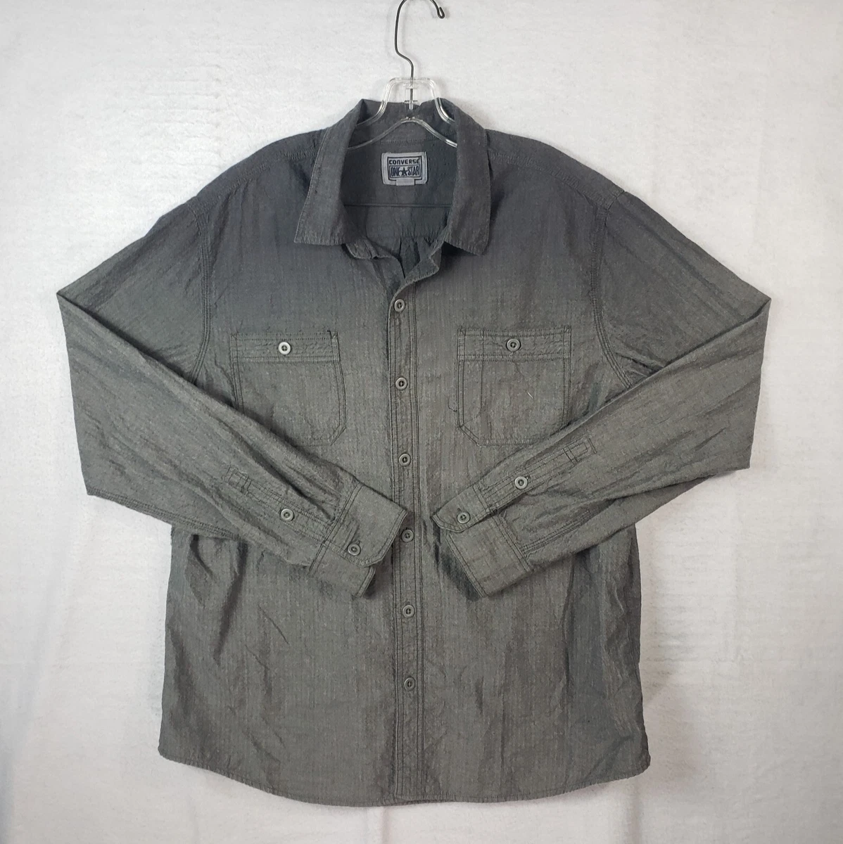 Converse Seersucker Shirt Mens XL XLarge Gray Striped Long Sleeve