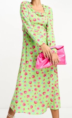 Vila Dress Lime Green Pink Neon Floral Print Open Back Size 18 Long BNWT NEW