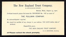 Boston New England Trust / Pullman Co. 1902  Dividend Check Notice Card VGC