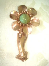 Vintage Victorian Revival Hand Holding Flower With Banded Green Stone Brooch KJ