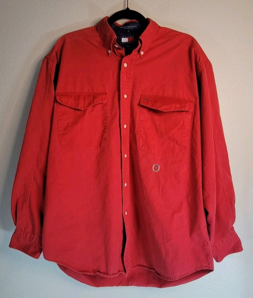 Tommy Hilfiger Vintage Red Button Down Shirt M | Crest Logo | 100% Cotton
