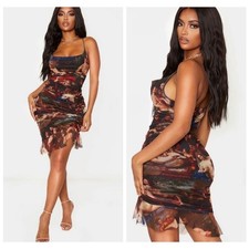 PrettyLittleThing Renaissance Print Ruched Mesh Mini Bodycon Sexy Dress Size 10