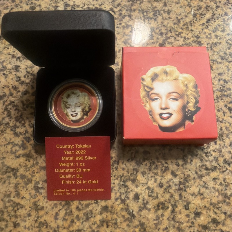 2022 Tokelau Marilyn Monroe ICON 1oz .999 Fine Silver 24k  Gilded Coin 011/100