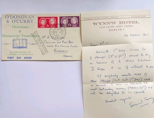 Ireland 1962 FDC Centenary of O'Donovan & O'Curry + Wynn's Hotel Dublin letter