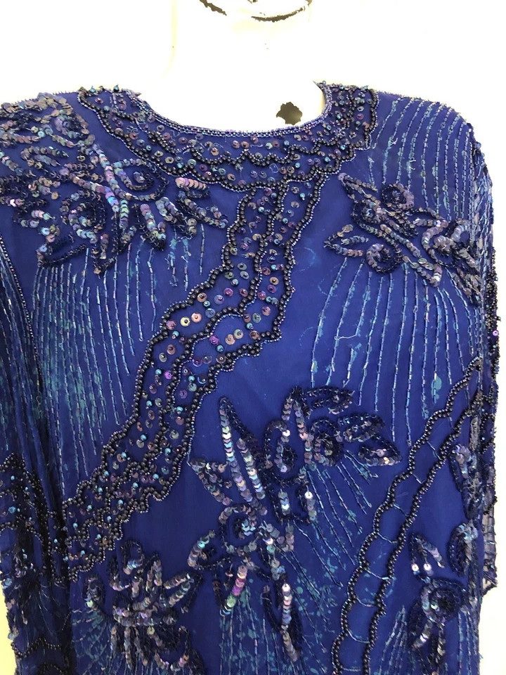 Top Scala 2X Lentejuelas Cuentas Seda Vintage Azul Mangas Transparentes XXL Noche Glamour Foto 3 de 4