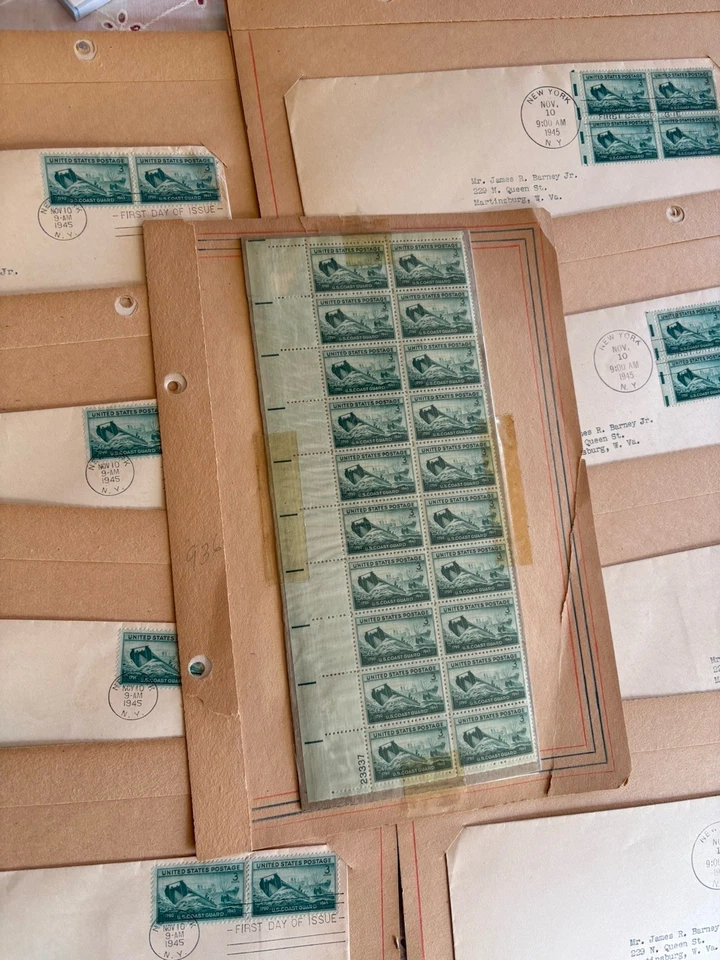 1945 Scott #936 Coast Guard Stamps -Plate Block Sheet of 20 + FDCs - Image 2 of 4