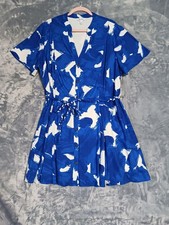 Nine West Dress Womens XXL Blue White Belted Button Front Lined Short Sleeve