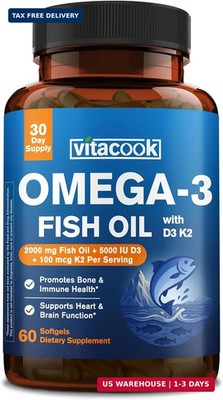 Omega 3 Fish Oil 2000mg, with Vitamins D3 & K2 (MK-7), Omega 3 Fatty Acid Supple