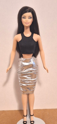 COLLECTOR BARBIE RE-DRESSED DOLL-RAVEN HAIR-GLAMOUR FACE-SUPER HOT SILVER SKIRT